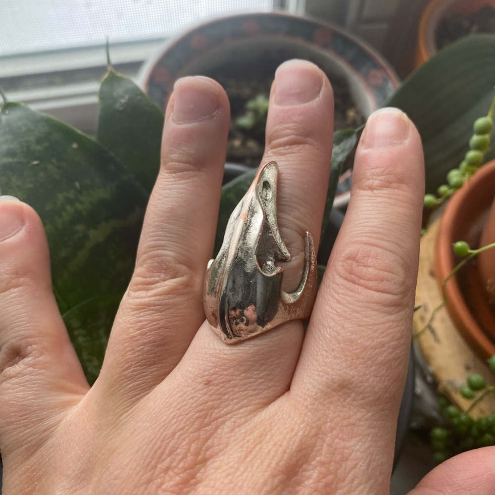 Silver Plated Bird Skull Sculptural Ring size 8.5